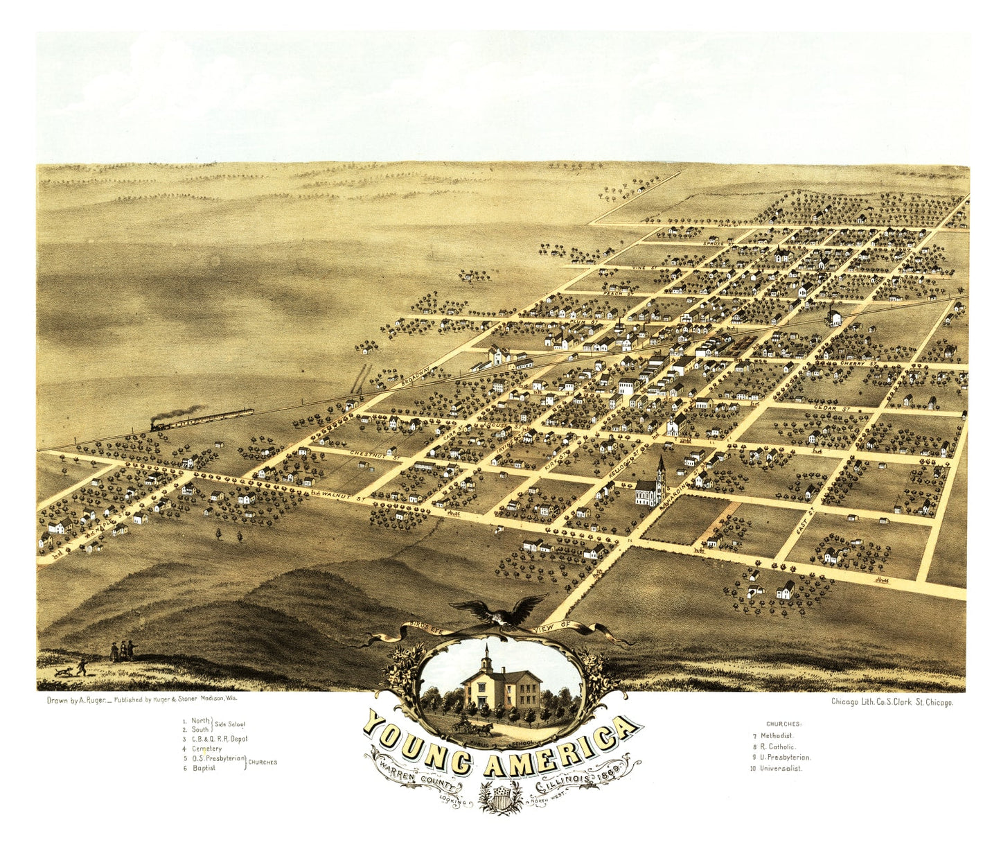 Vintage Map of Young America, Illinois, 1869