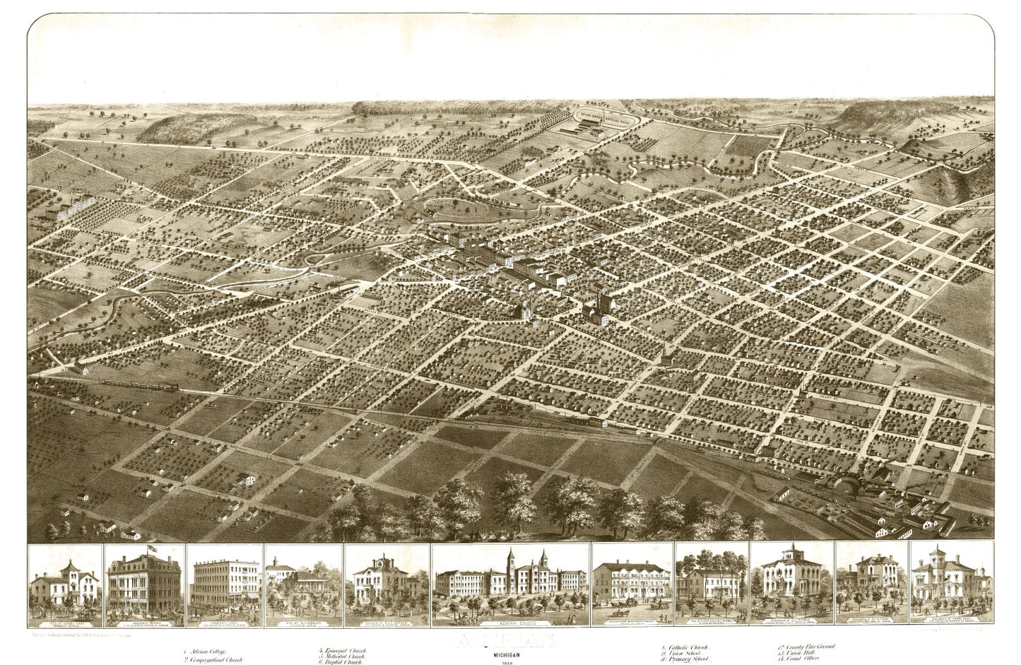 Vintage Map of Adrian, Michigan, 1866