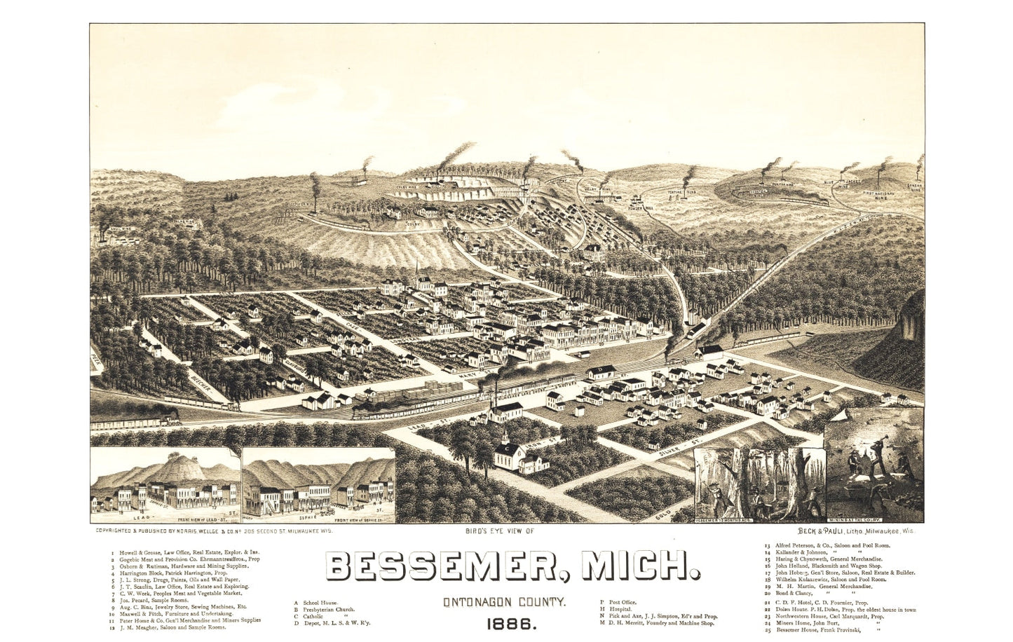 Vintage Map of Bessemer, Michigan, 1886