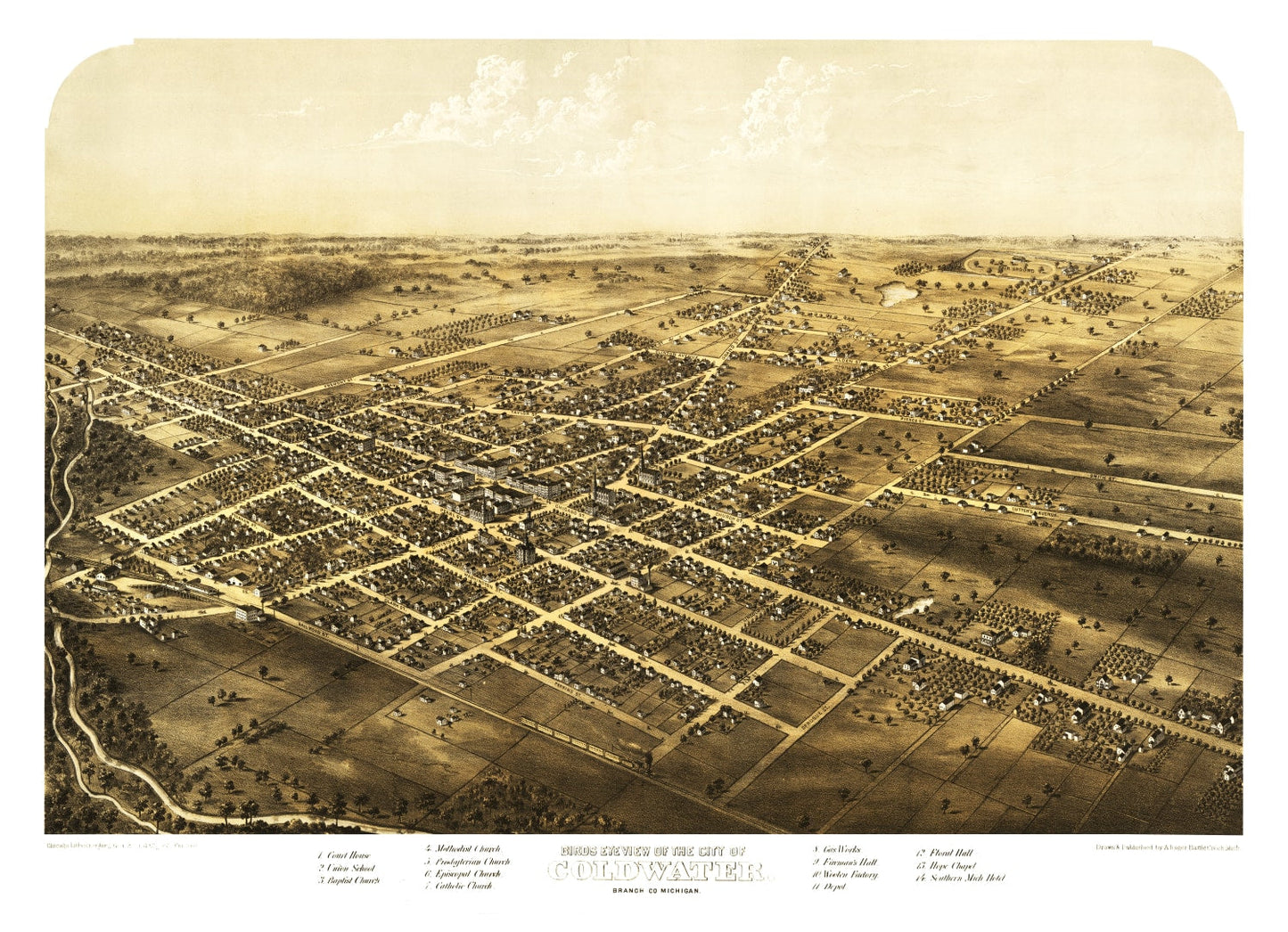 Vintage Map of Coldwater, Michigan, 1868