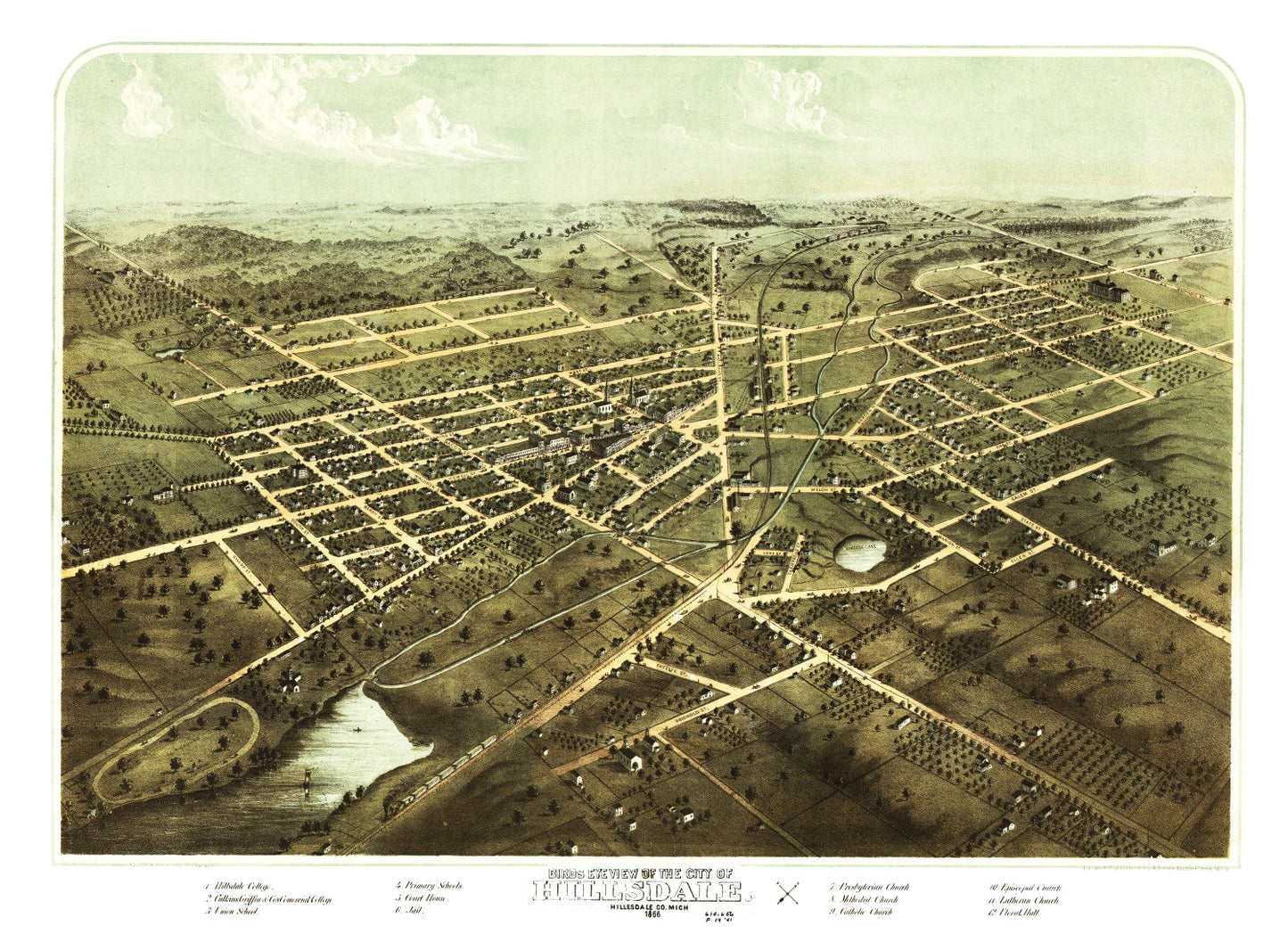 Vintage Map of Hillsdale, Hillsdale County, Michigan, 1866