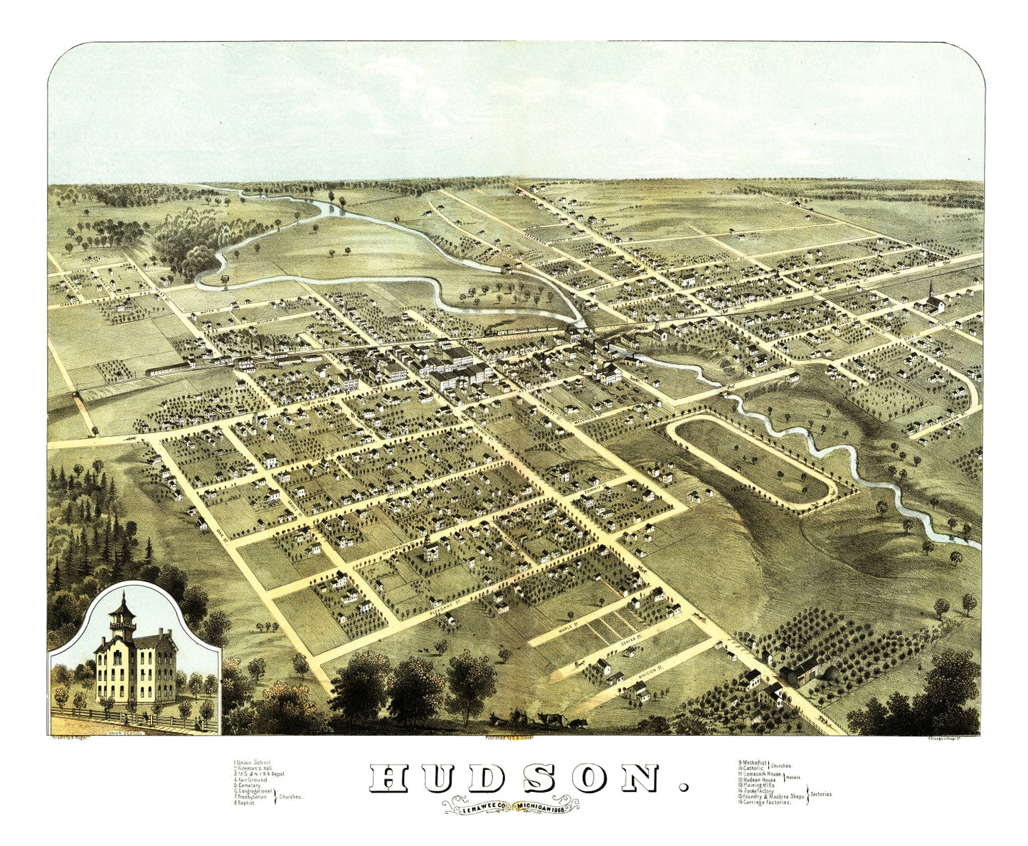 Vintage Map of Hudson, Lenawee County, Michigan, 1868