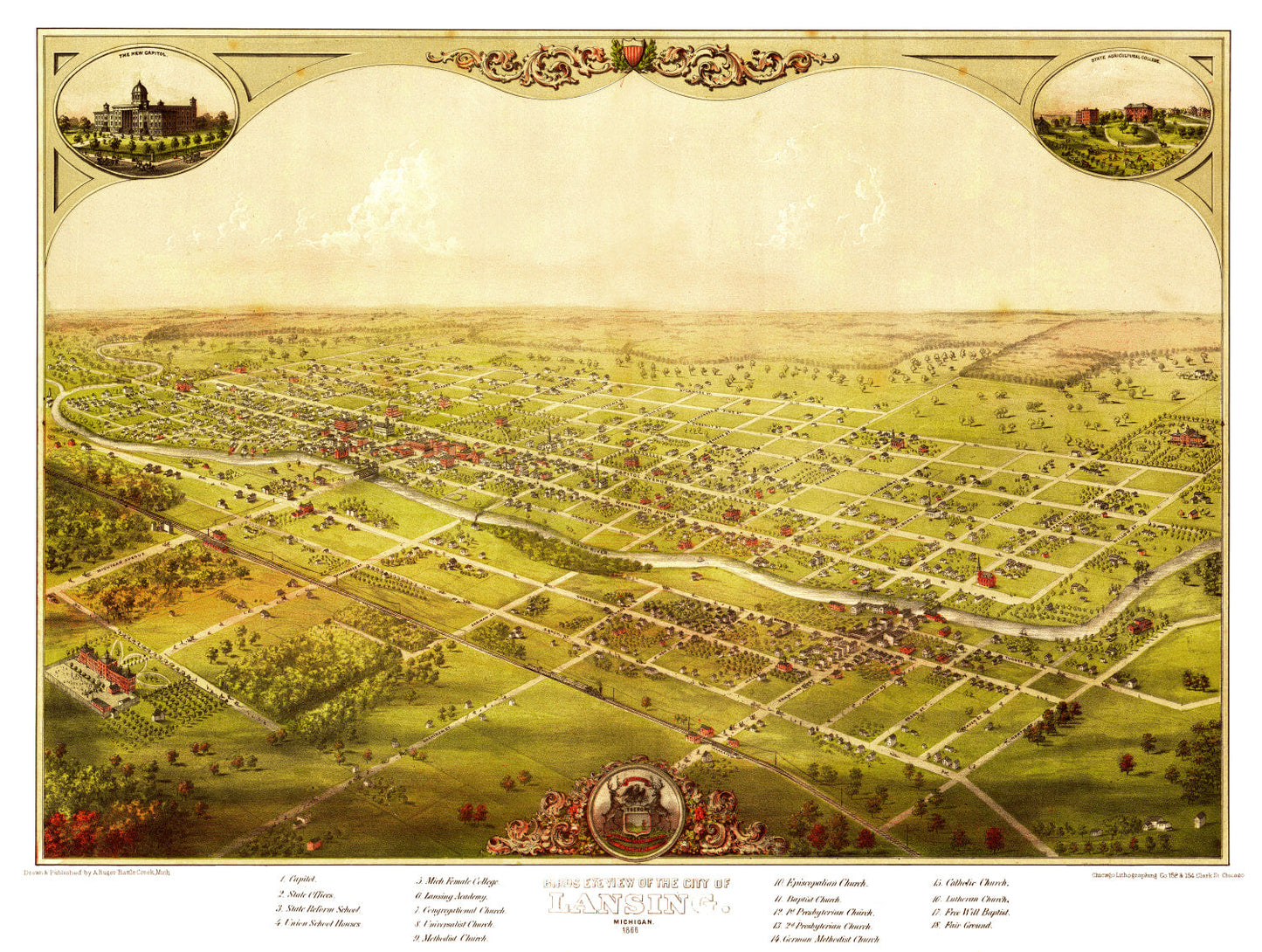 Vintage Map of Lansing, Michigan, 1866