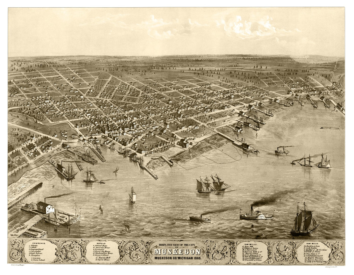 Vintage Map of Muskegon, Michigan, 1868