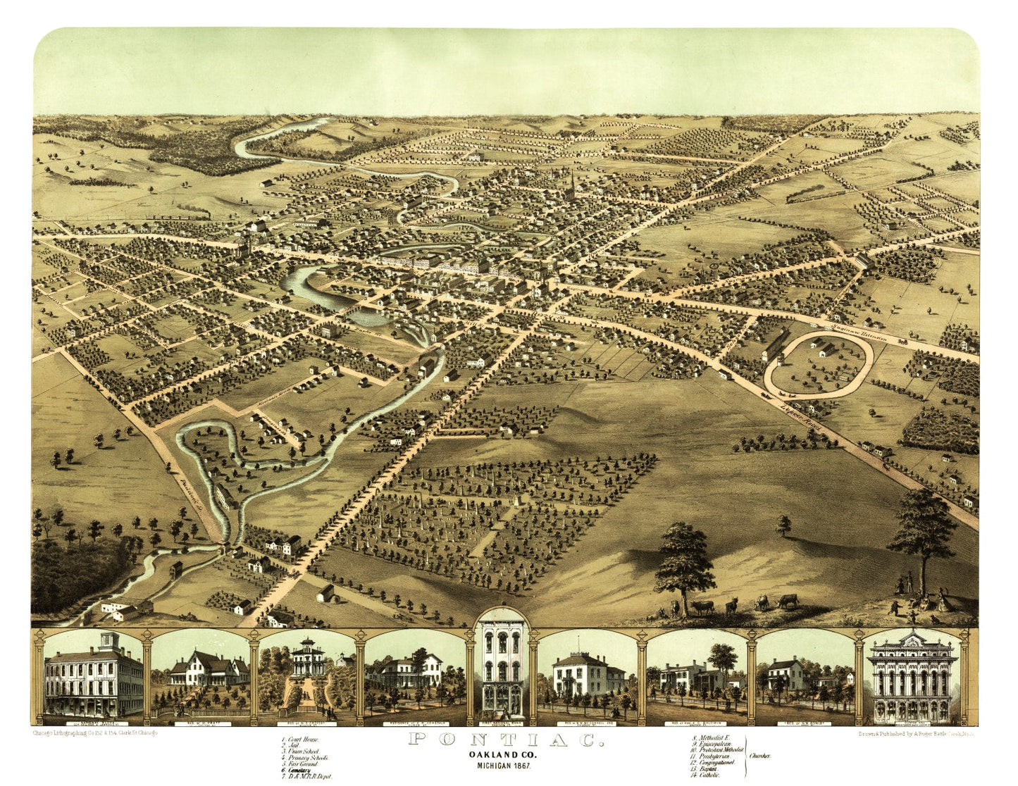 Vintage Map of Pontiac, Michigan, 1867
