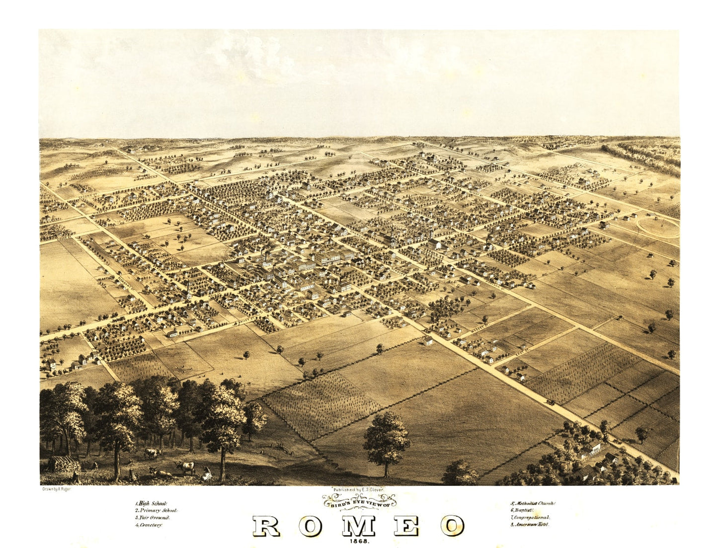 Vintage Map of Romeo, Michigan, 1868