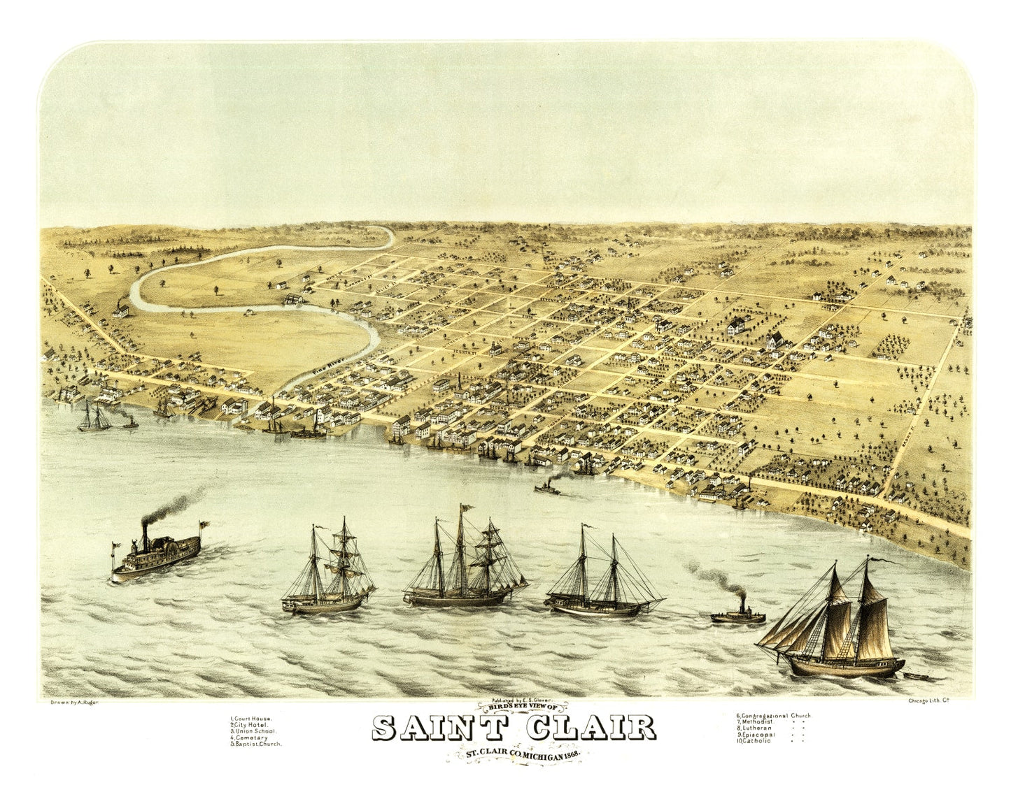 Vintage Map of Saint Clair, Michigan, 1868