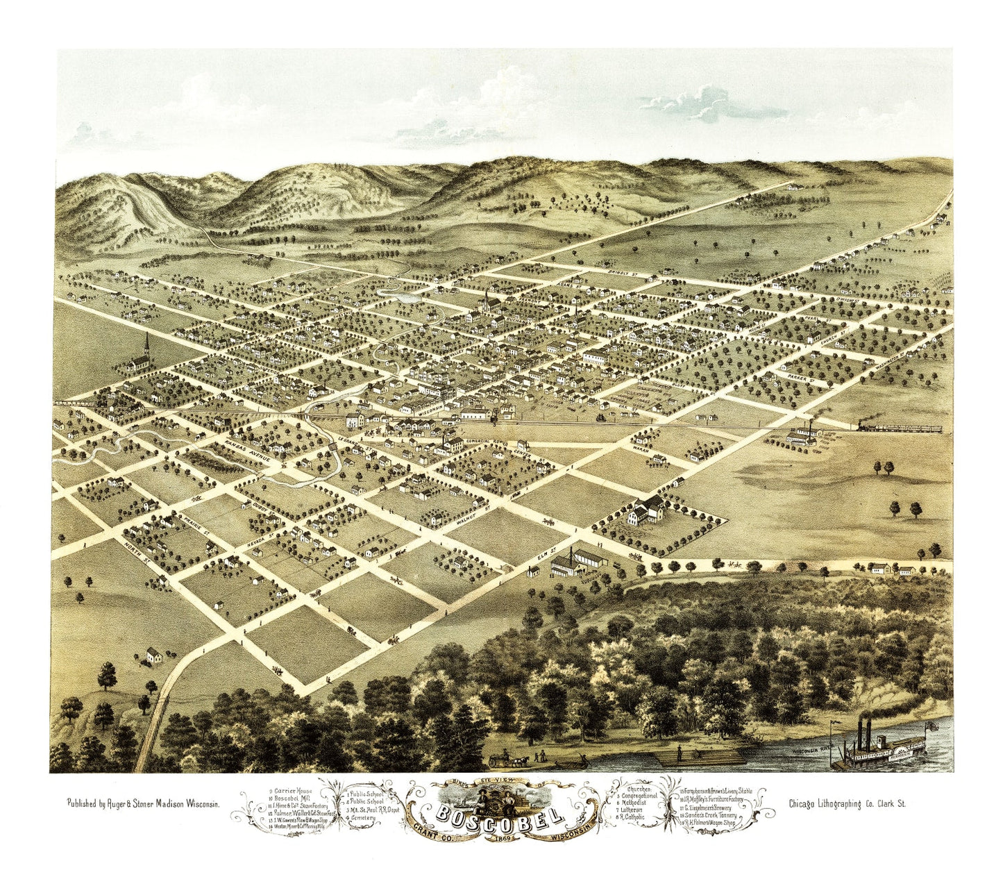 Vintage Map of Boscobel, Wisconsin, 1869