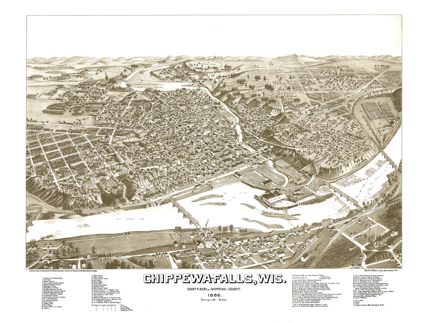 Vintage Map of Chippewa Falls, Wisconsin, 1886
