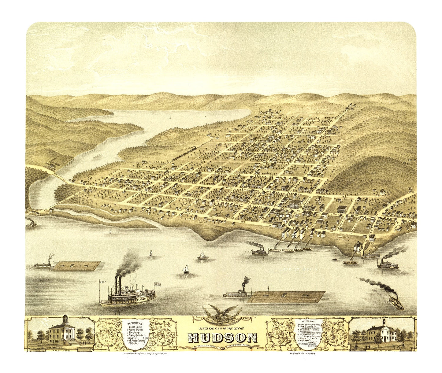 Vintage Map of Hudson, St. Croix County, Wisconsin, 1870