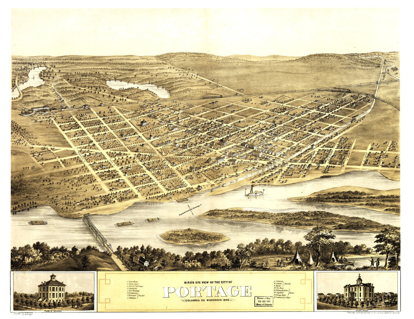 Vintage Map of Portage, Wisconsin, 1868