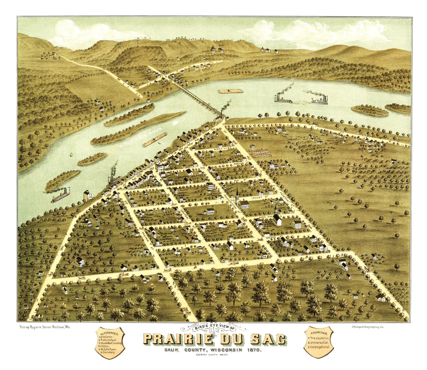 Vintage Map of Prairie du Sac, Wisconsin, 1870