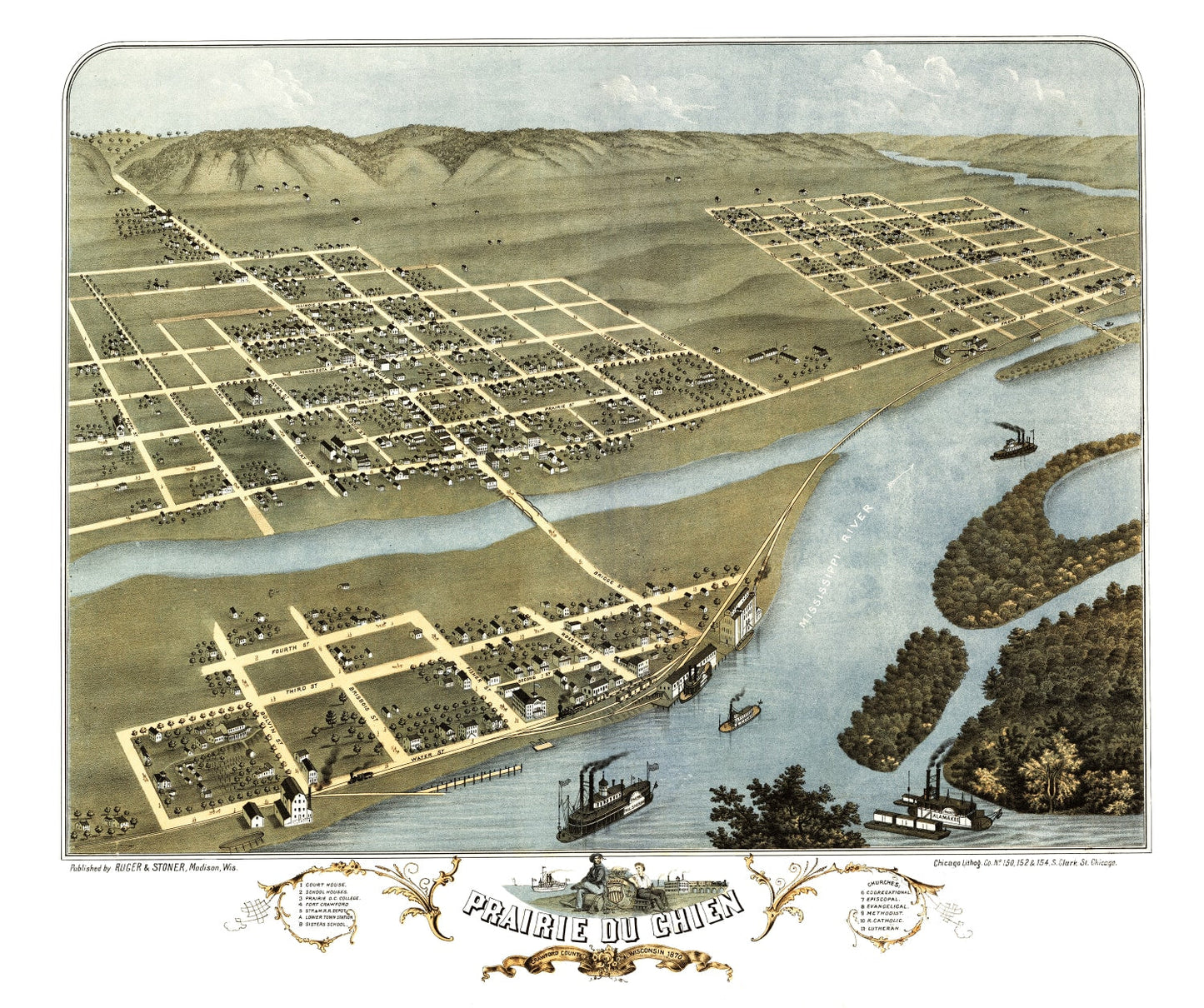 Vintage Map of Prairie du Chien, Wisconsin, 1870