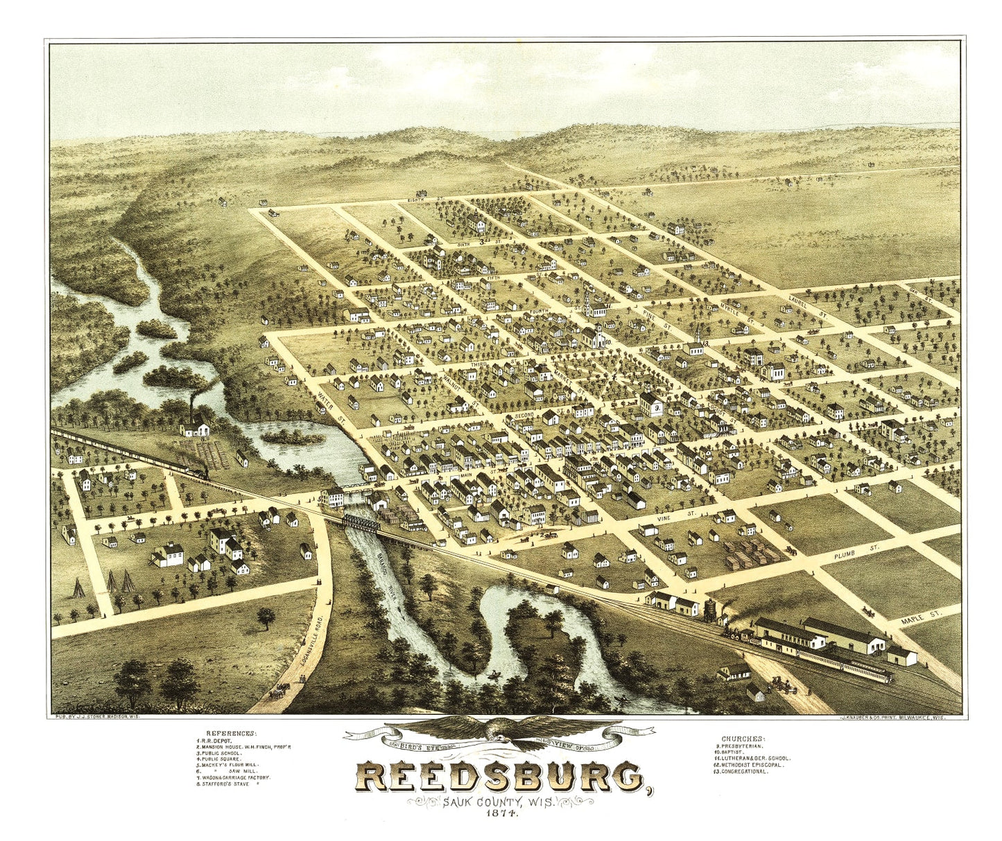 Vintage Map of Reedsburg, Sauk County, Wisconsin, 1874
