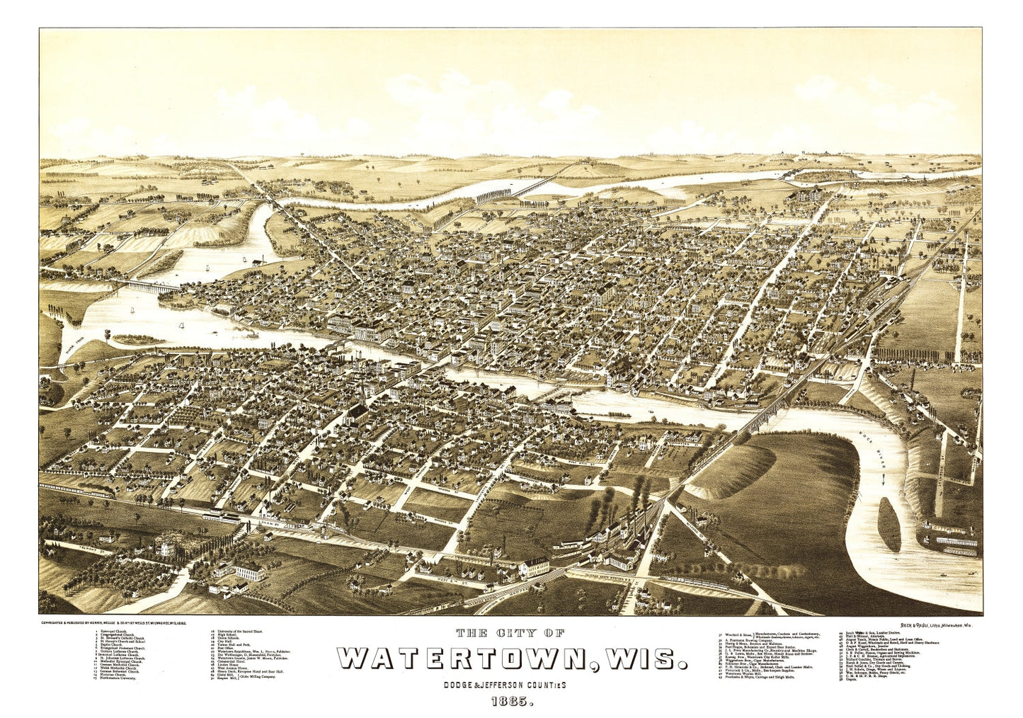 Vintage Map of Watertown, Wisconsin, 1885