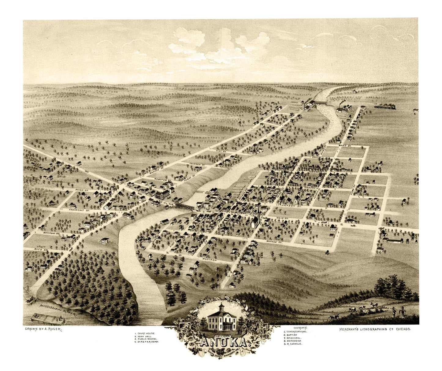 Vintage Map of Anoka, Minnesota, 1869