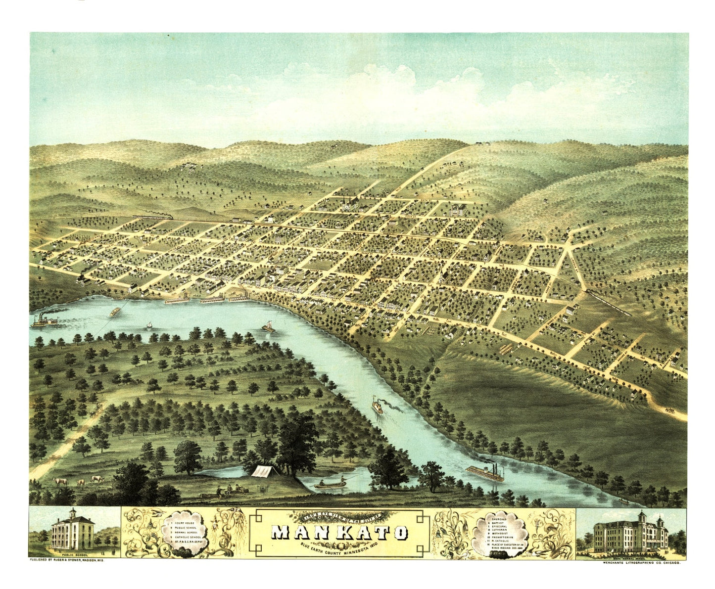 Vintage Map of Mankato, Minnesota, 1870