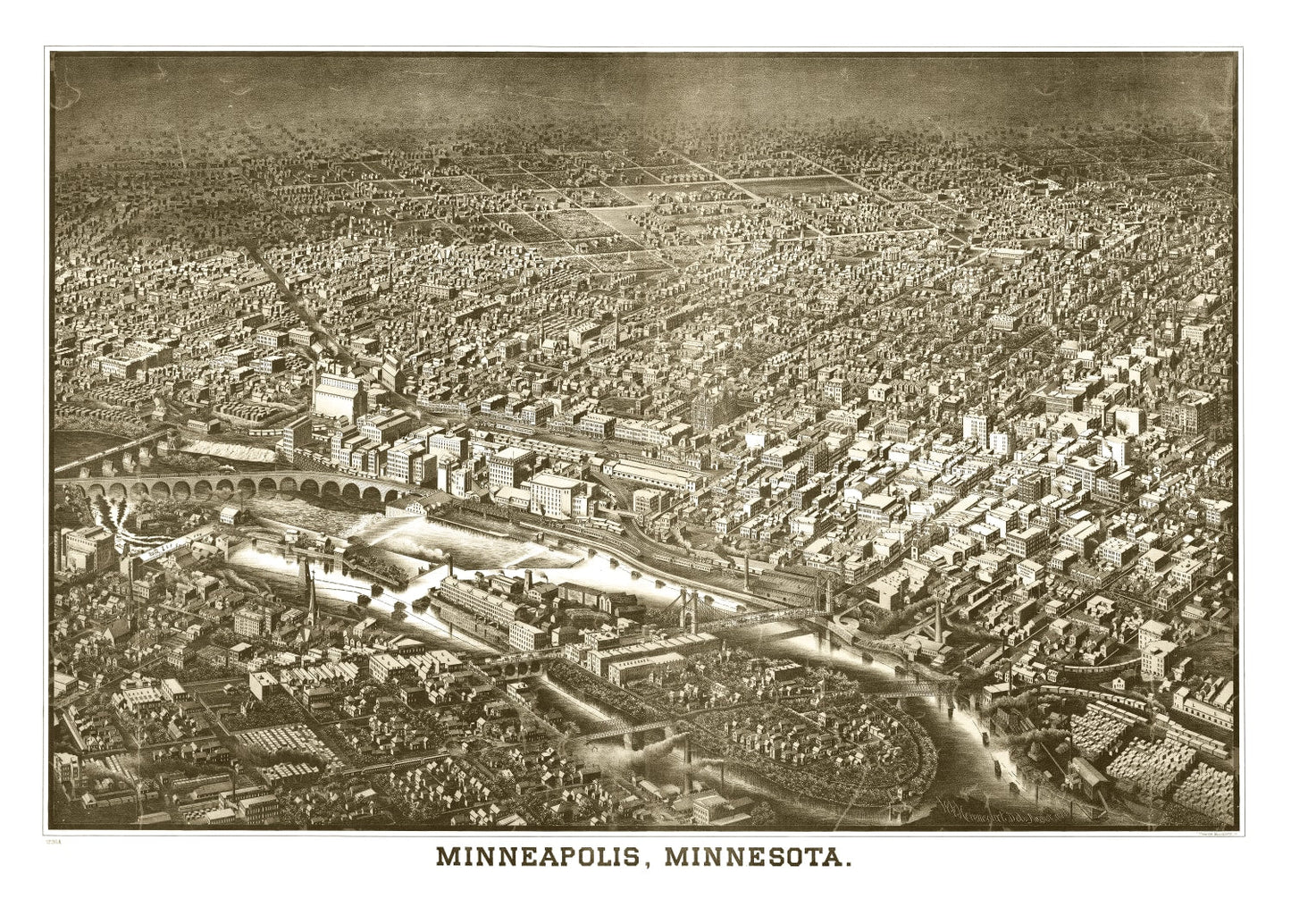 Vintage Map of Minneapolis, Minnesota, 1885