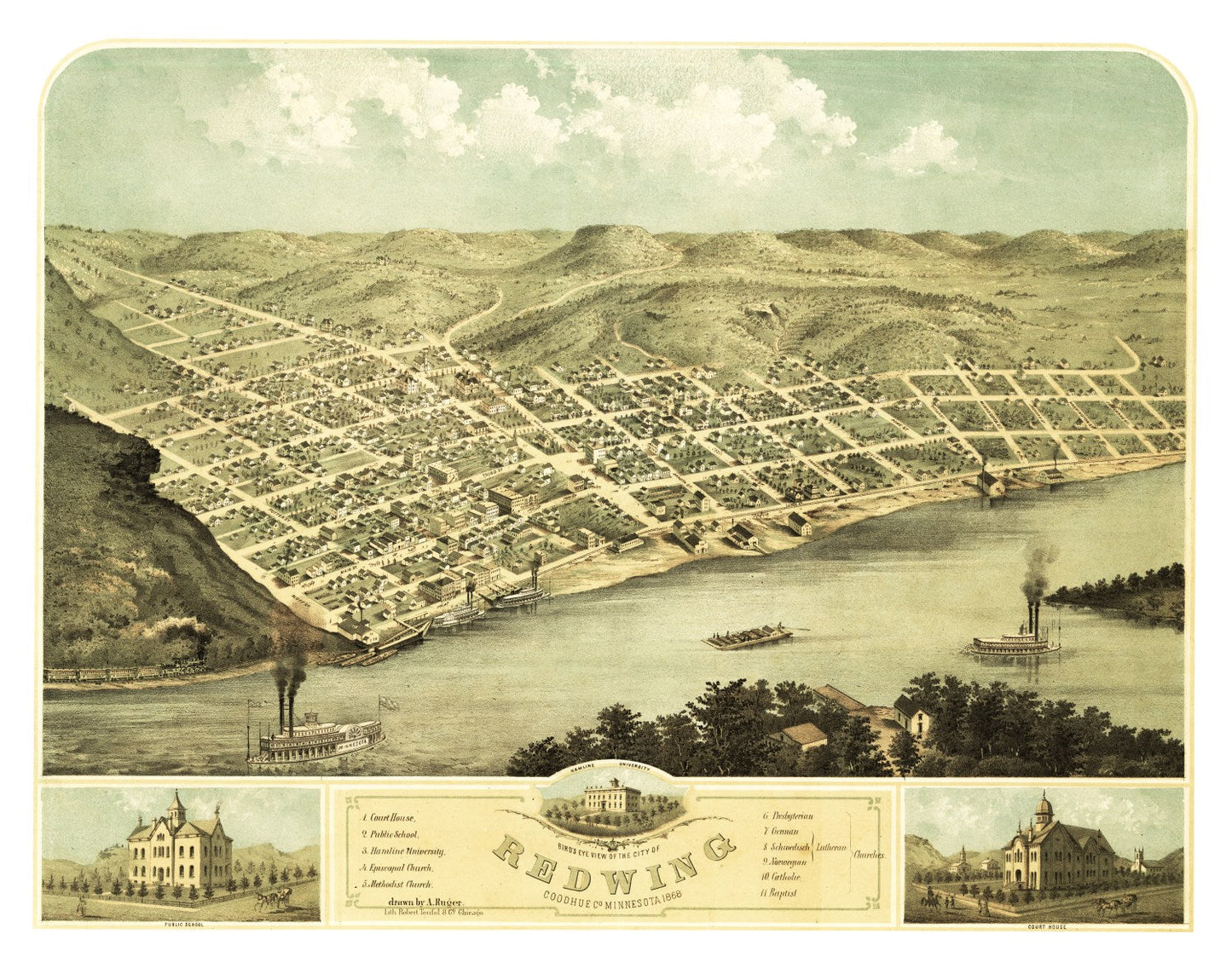 Vintage Map of Red Wing, Minnesota, 1868