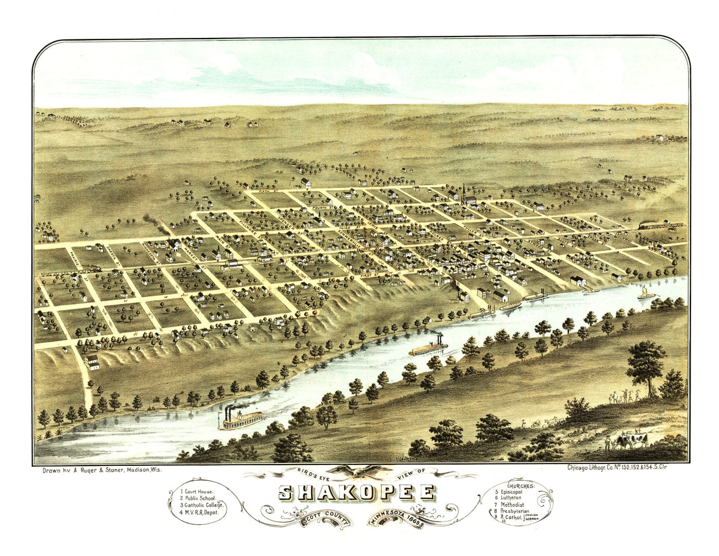 Vintage Map of Shakopee, Minnesota, 1869