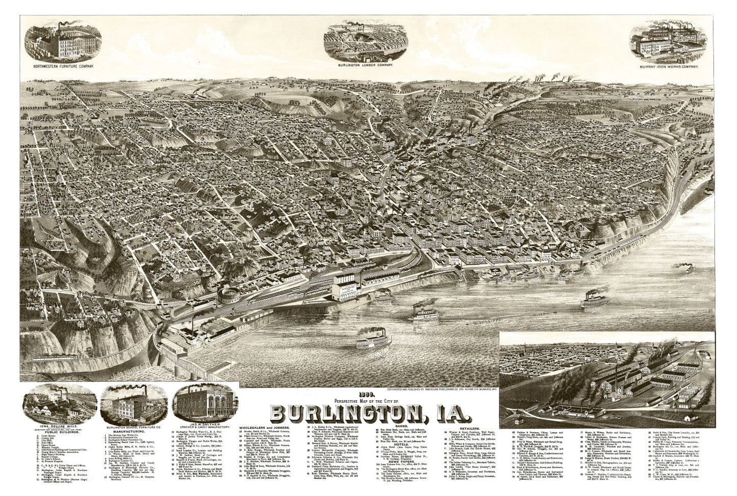 Vintage Map of Burlington, Iowa, 1889 | Wall Art