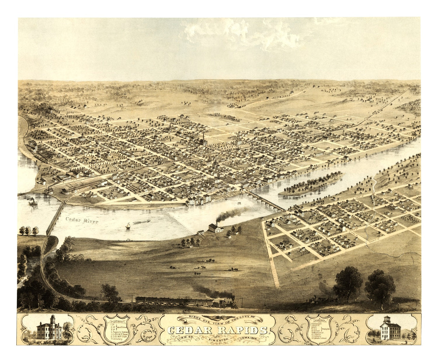 Vintage Map of Cedar Rapids, Iowa, 1868