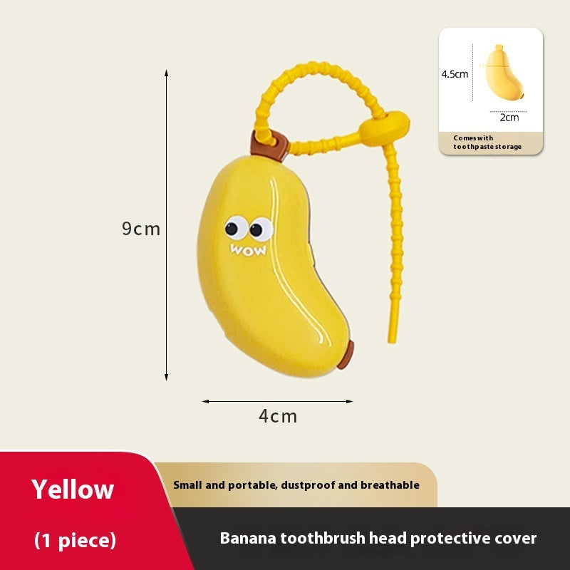Yellow banana-shaped toothbrush head protective cover with measurements on a beige background