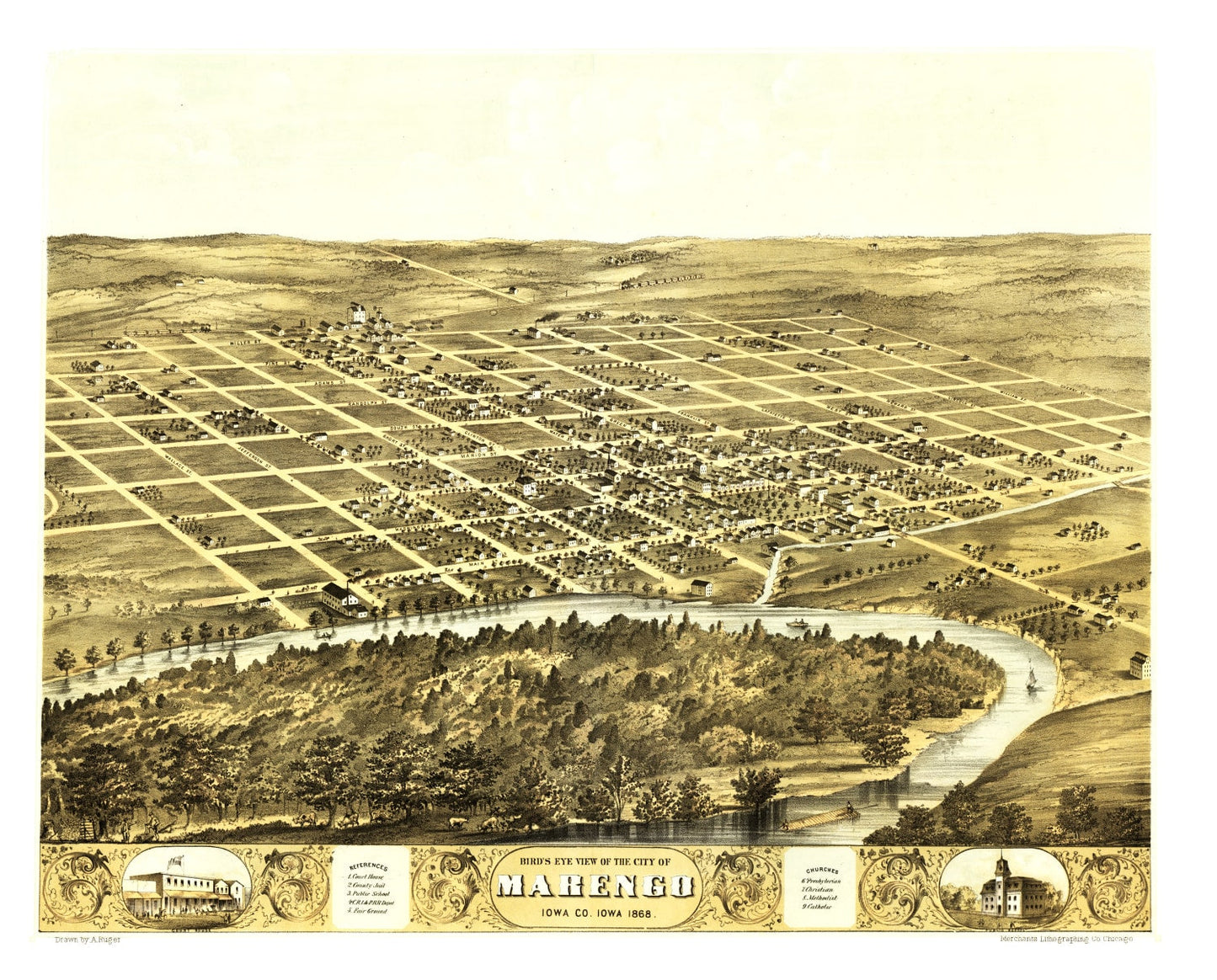 Vintage Map of Marengo, Iowa, 1868
