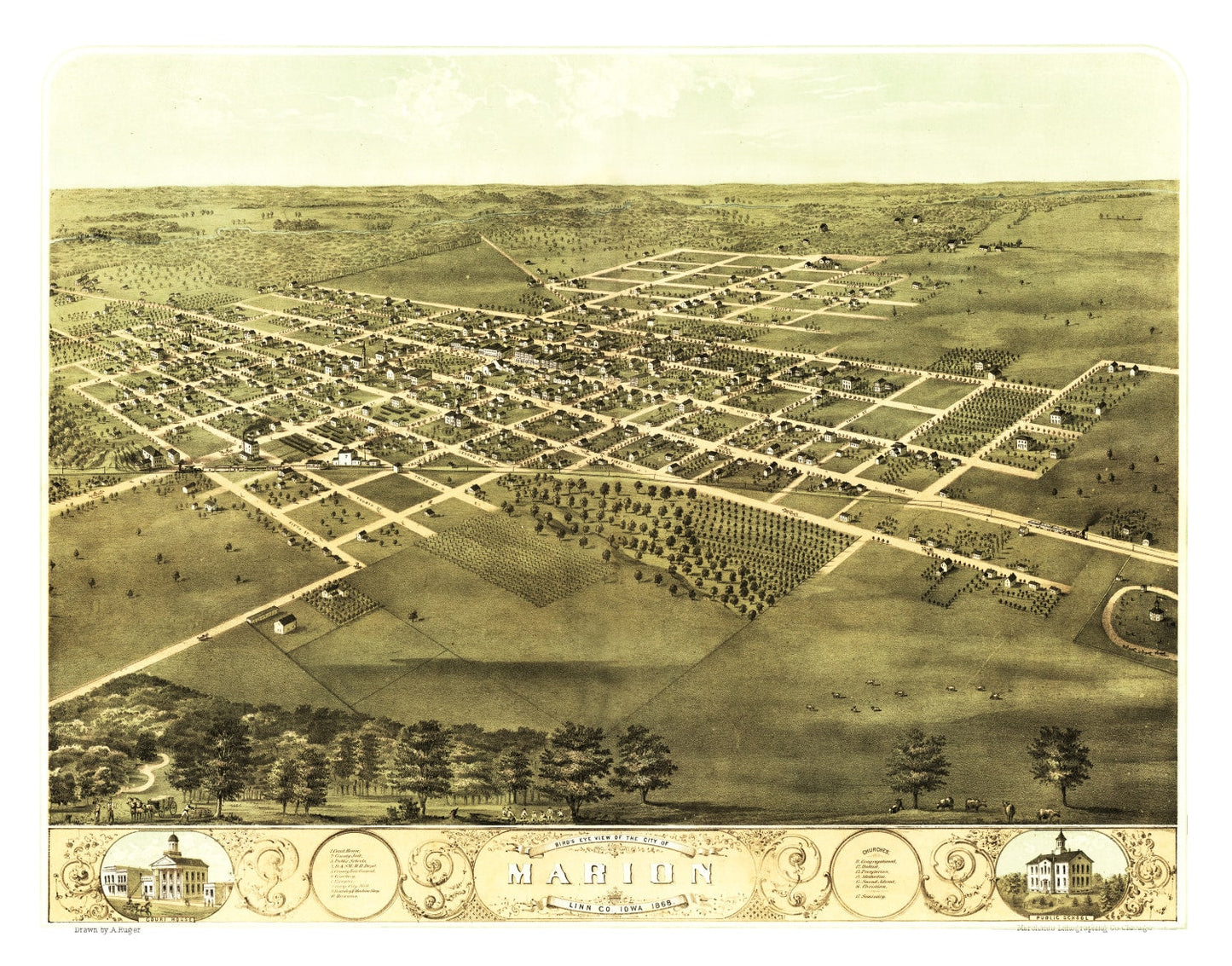 Vintage Map of Marion, Iowa, 1868