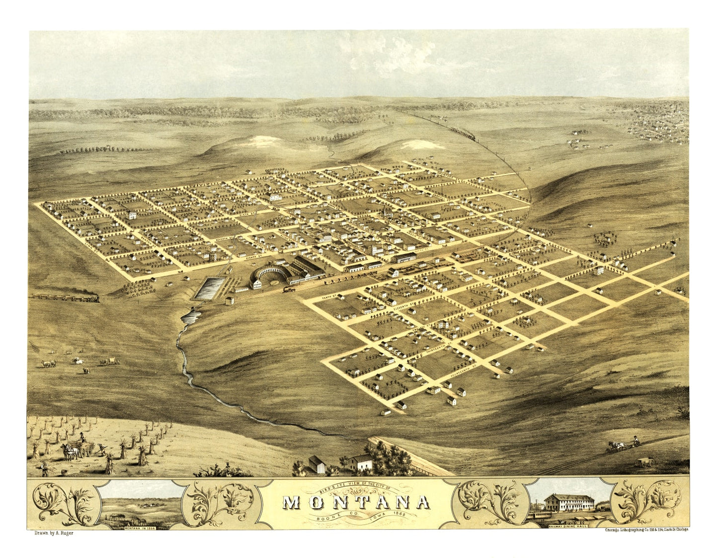 Vintage Map of Montana, Boone County, Iowa, 1868