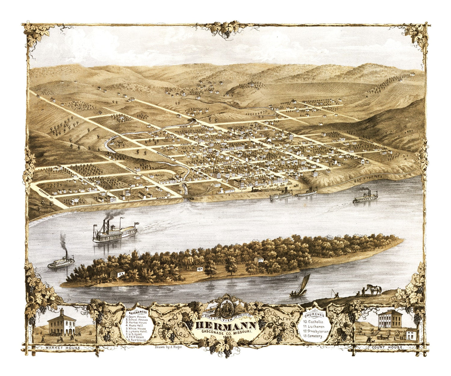 Vintage Map of Hermann, Gasconade County, Missouri, 1869