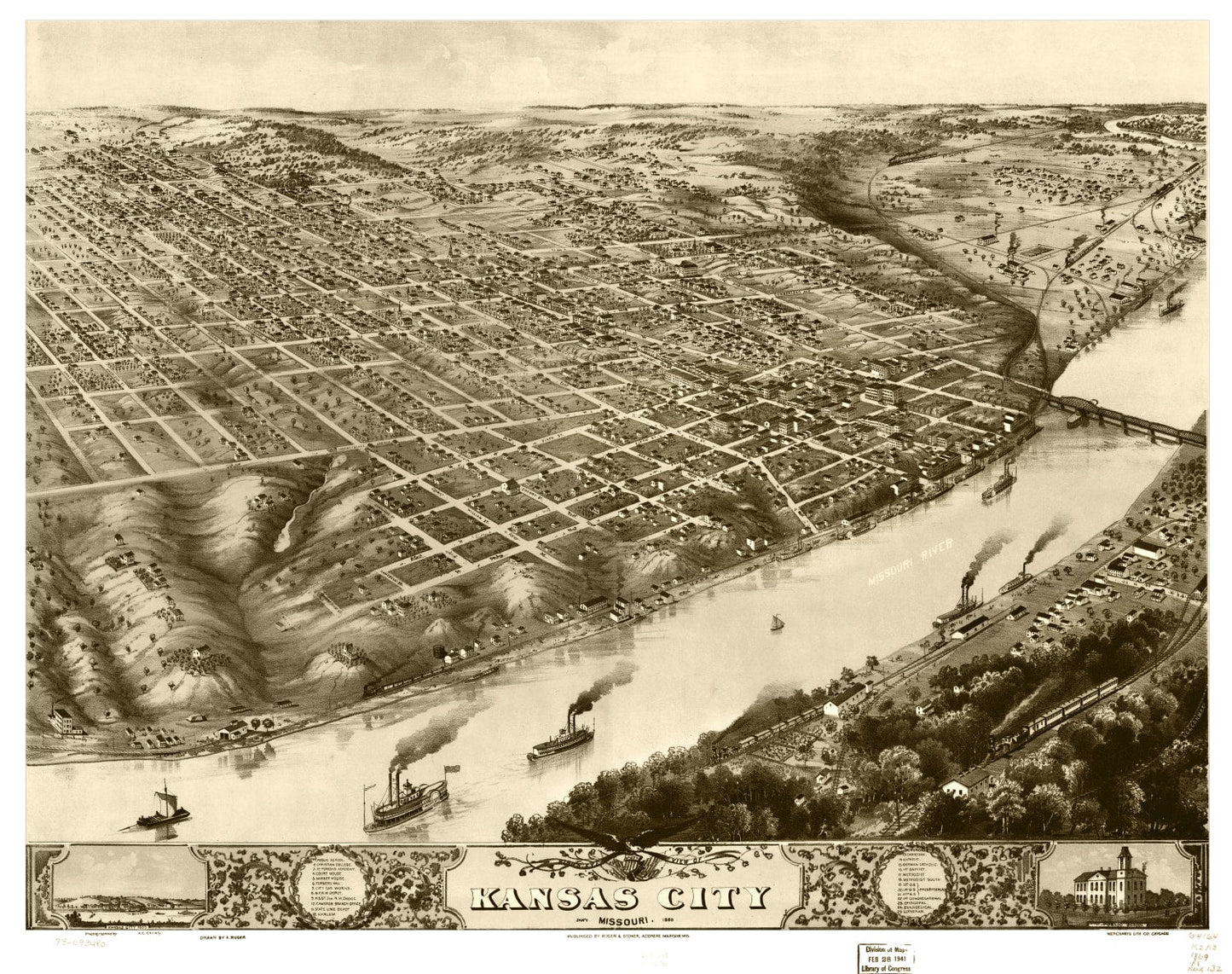 Vintage Map of Kansas City, Missouri, 1869