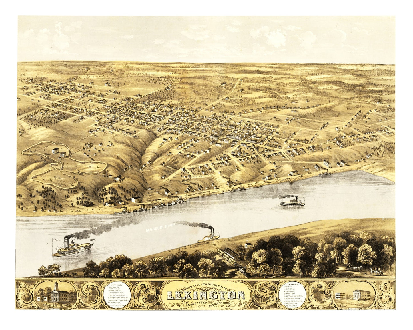 Vintage Map of Lexington, Missouri, 1869