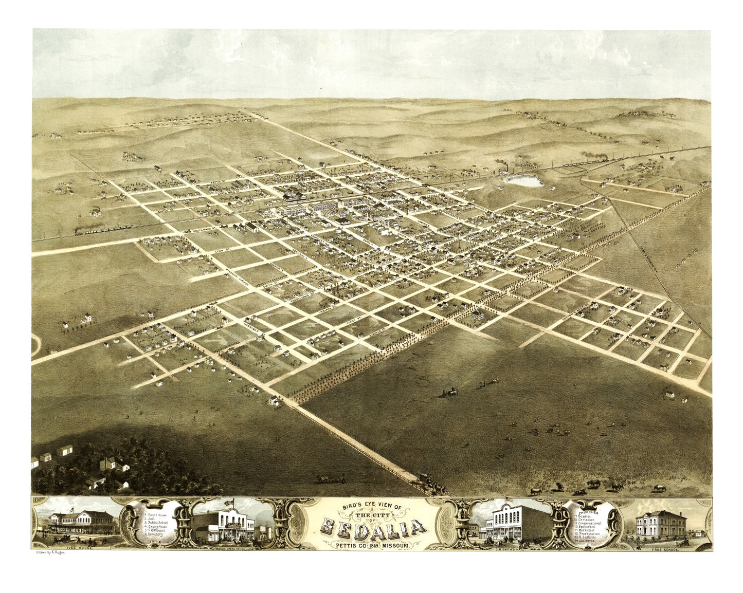 Vintage Map of Sedalia, Missouri, 1869