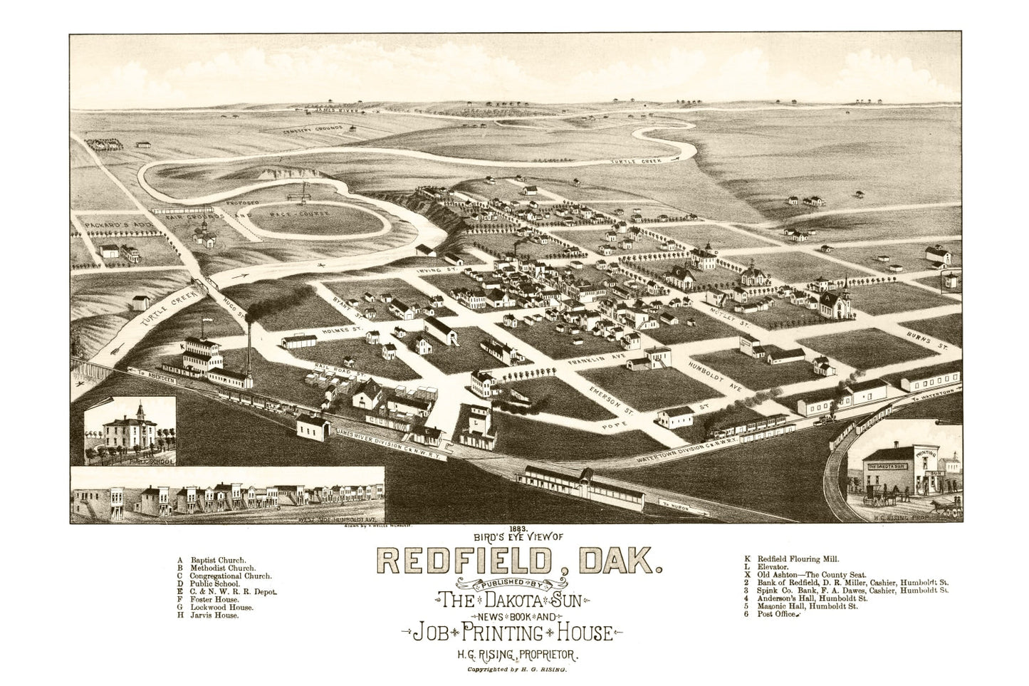 Vintage Map of Redfield, South Dakota, 1883
