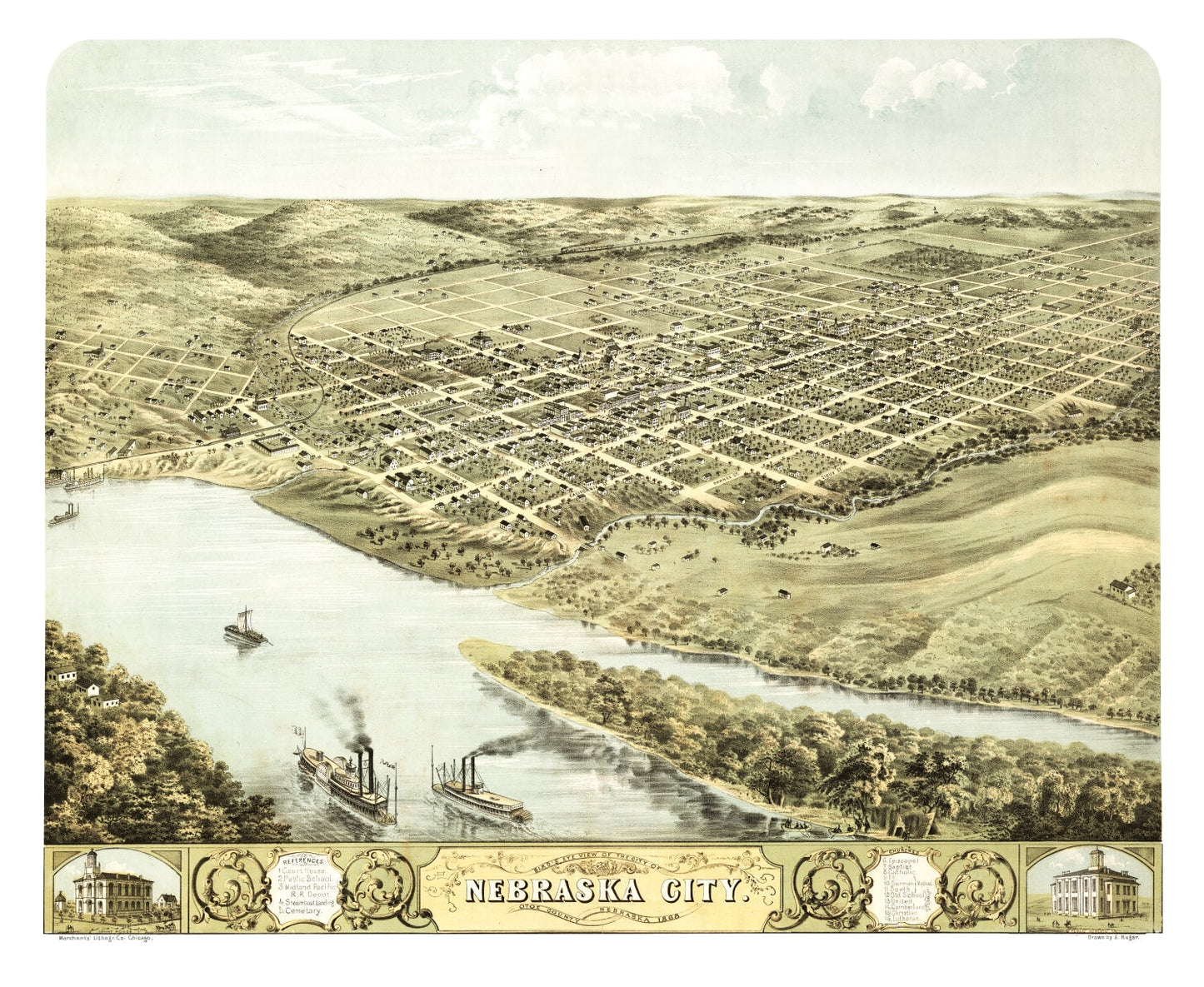 Vintage Map of Nebraska City, Nebraska, 1868