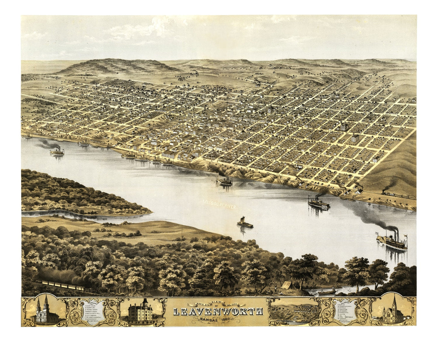 Vintage Map of Leavenworth, Kansas, 1869