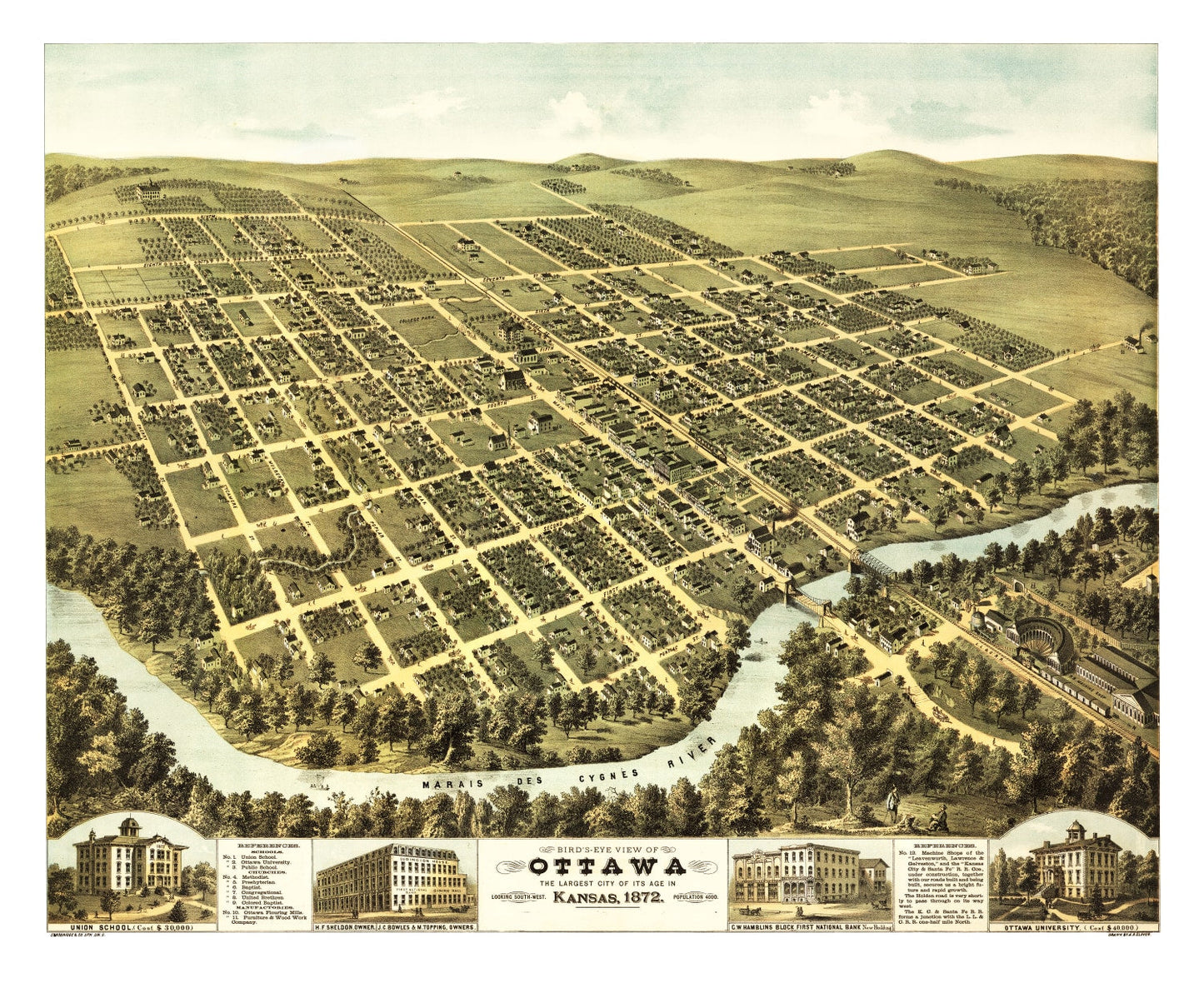 Vintage Map of Ottawa, Kansas, 1872