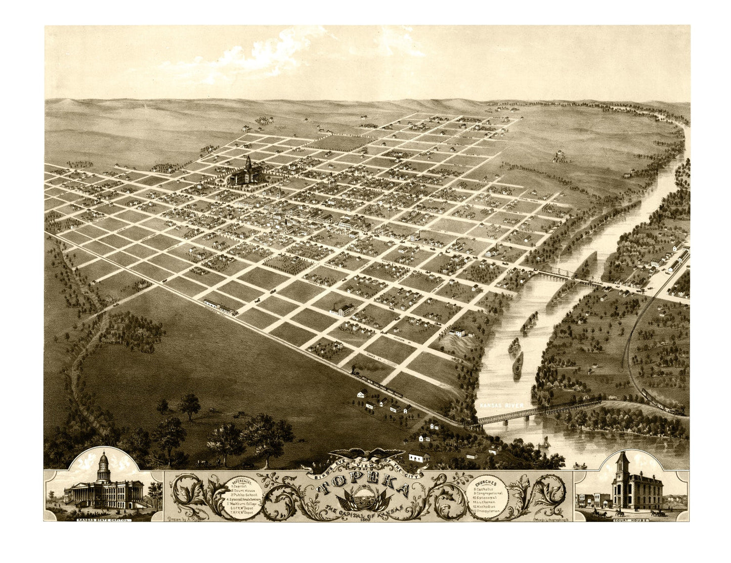 Vintage Map of Topeka, Kansas, 1869