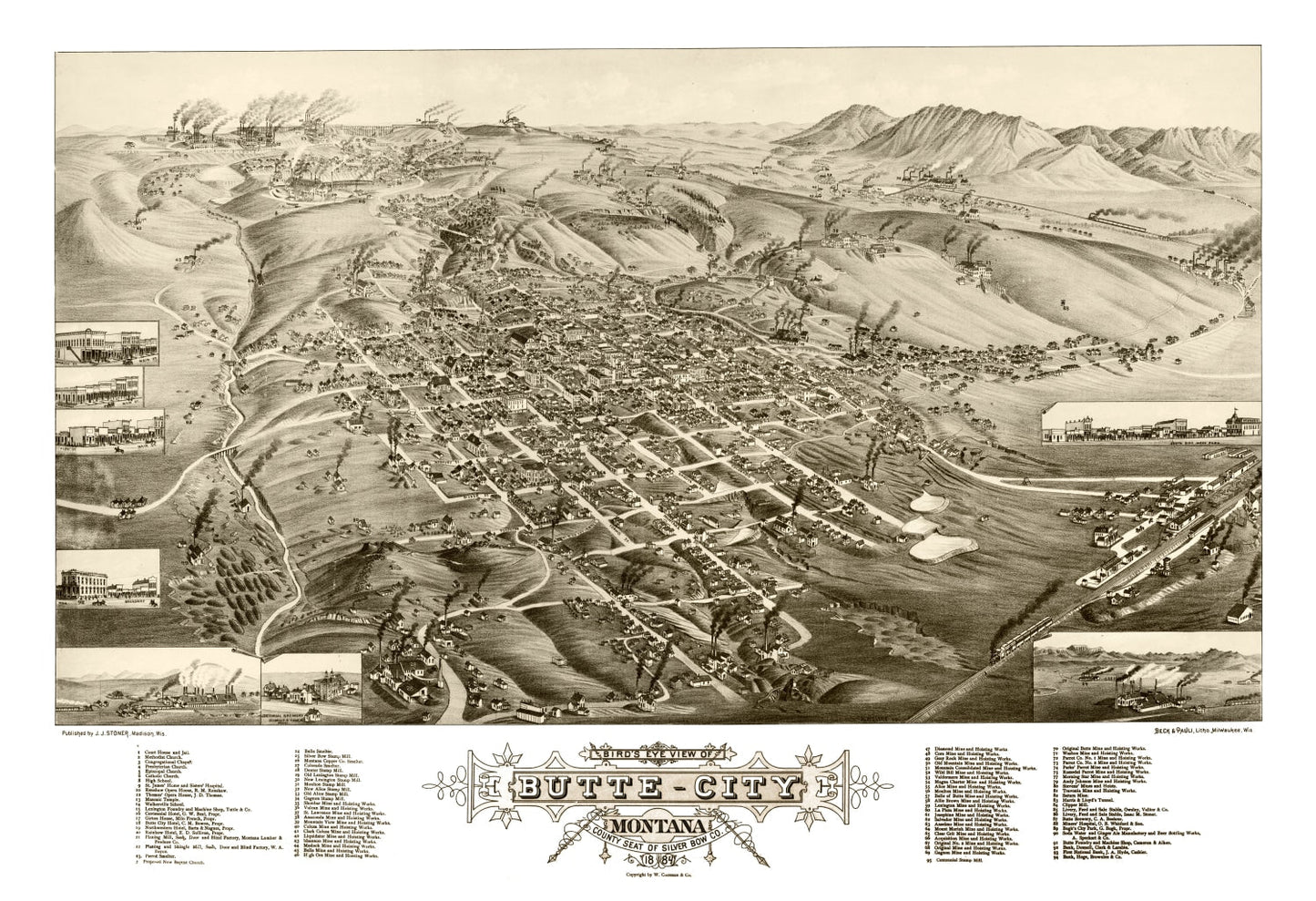 Vintage Map of Butte City, Montana, 1884 Wall Art