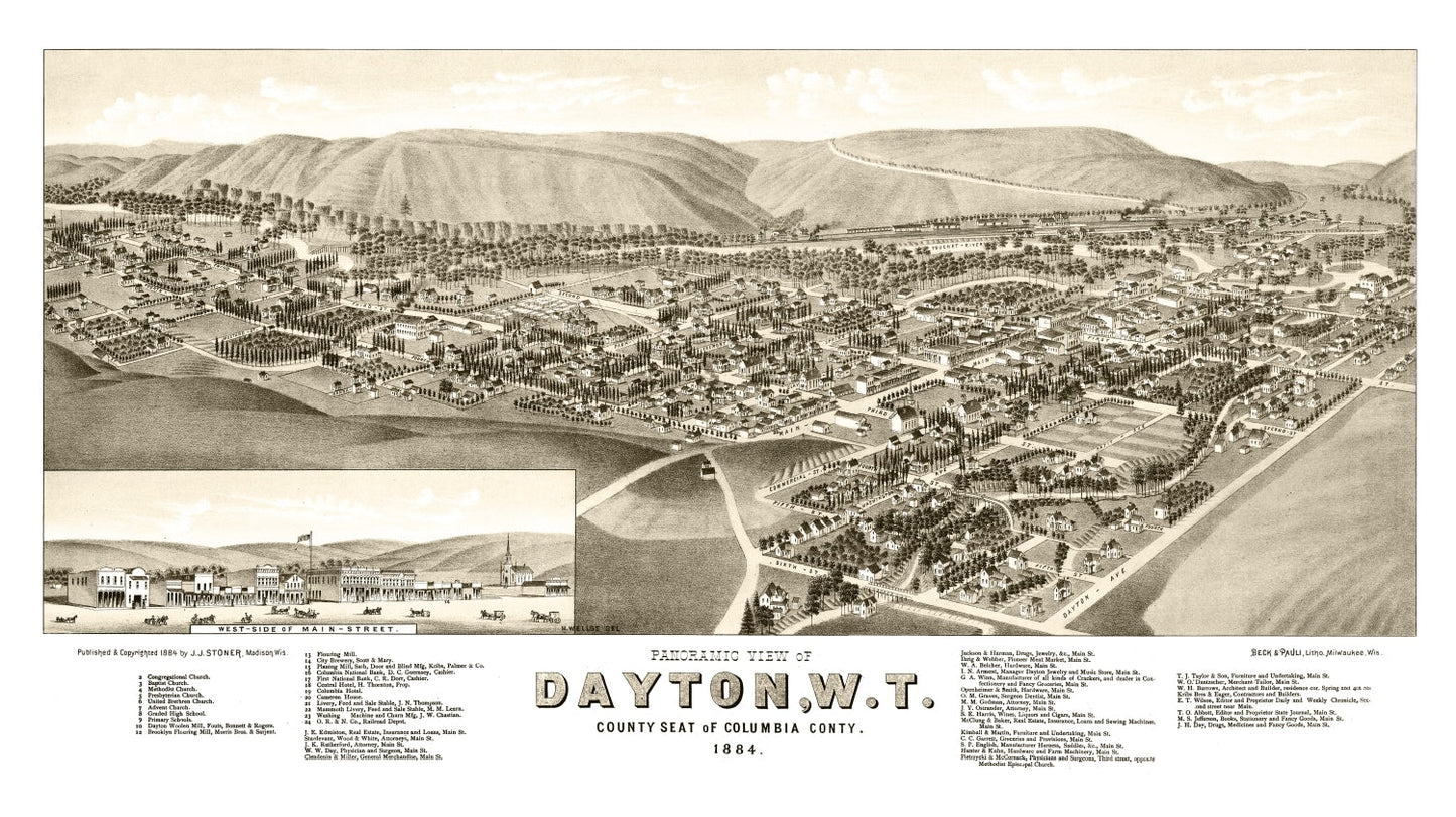 Vintage Map of Dayton, Washington, 1884