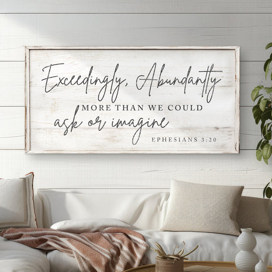 Ephesians 3:20 White Wood-Look canvas shown in a styled room setting, view 2