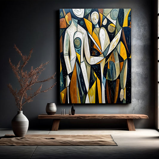Cubist Figures in Gold, Black and White canvas shown in a styled room setting, view 2