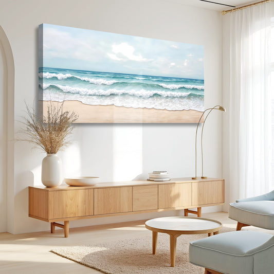 Calm Turquoise Sea and White Surf canvas shown in a styled room setting, view 2