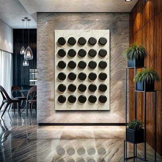 Black Circles Grid on Cream Minimalist canvas shown in a styled room setting, view 2