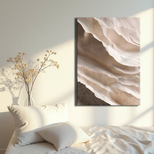 Neutral Cream and Grey Fold Abstract canvas shown in a styled room setting, view 2
