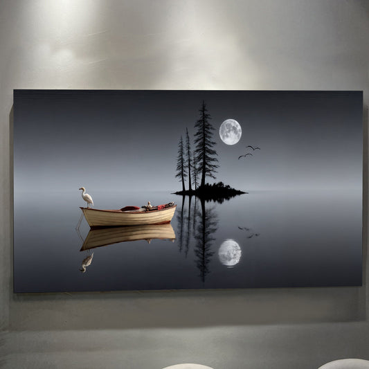 Night Lake with a Boat and Moon canvas shown in a styled room setting, view 2