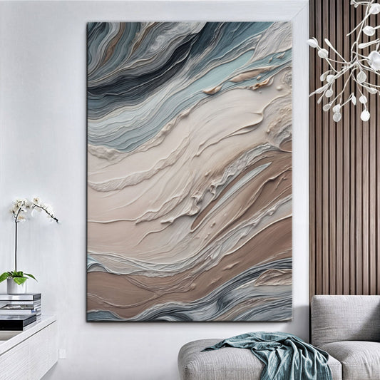 Slate Gray and Sand Flowing Layers Abstract canvas shown in a styled room setting, view 2