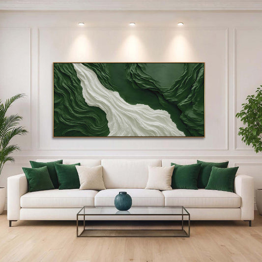 Deep Green Canyon and White River Abstract canvas shown in a styled room setting, view 2