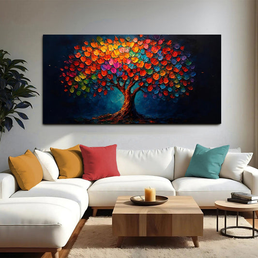 Rainbow Leaf Tree on Navy canvas shown in a styled room setting, view 2
